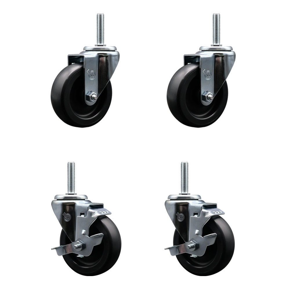 Polyolefin Swivel Threaded Stem Caster Wheels Set of 4 with 4 Inch Black Wheels and 5/8" Stems - Includes 2 with Top Lock Brakes - 1400 lbs. Total Capacity - Service Caster Brand — photo 1