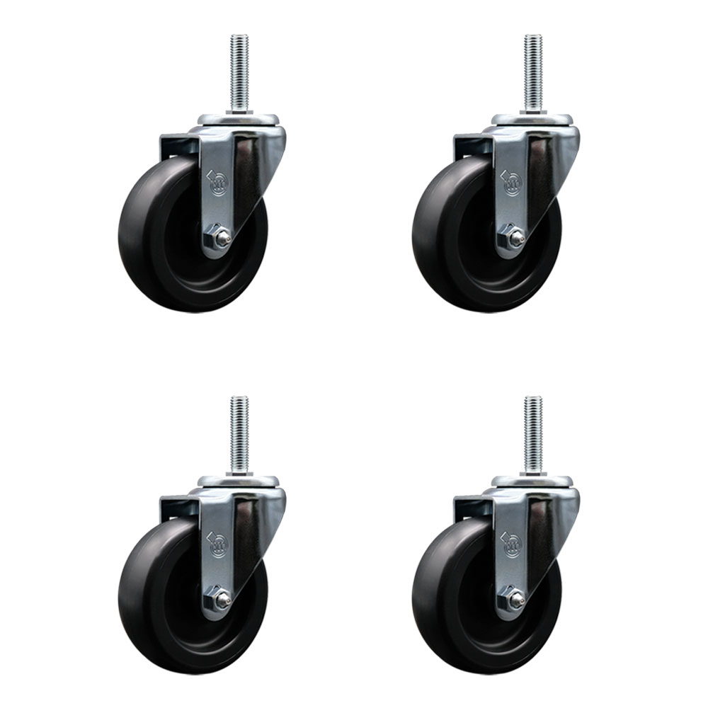 Polyolefin Swivel Threaded Stem Caster Wheels Set of 4 with 4 Inch Black Wheels and 5/8" Stems - Includes 4 Swivel - 1400 lbs. Total Capacity - Service Caster Brand — photo 1