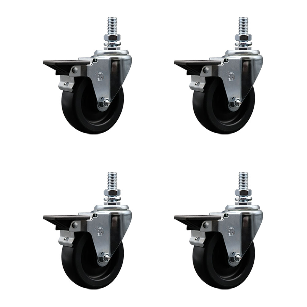 Polyolefin Swivel Threaded Stem Caster Wheels Set of 4 with 4 Inch Black Wheels and 1/2" Stems - Includes 4 with Posi Lock Brakes - 1400 lbs. Total Capacity - Service Caster Brand — photo 1