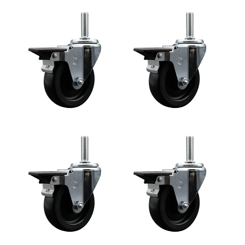 Polyolefin Swivel Threaded Stem Caster Wheels Set of 4 with 4 Inch Black Wheels and 3/4" Stems - Includes 4 with Posi Lock Brakes - 1400 lbs. Total Capacity - Service Caster Brand — photo 1
