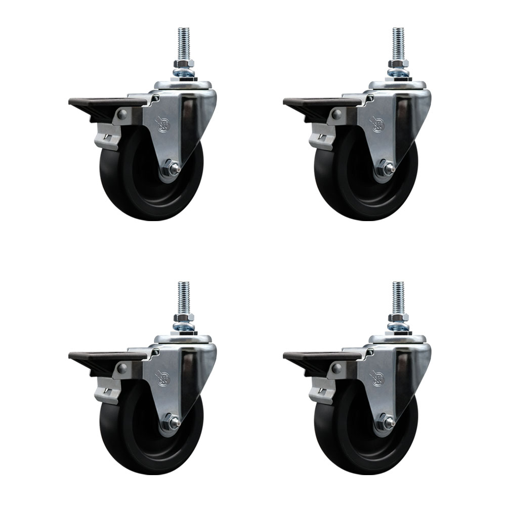 Polyolefin Swivel Threaded Stem Caster Wheels Set of 4 with 4 Inch Black Wheels and 3/8" Stems - Includes 4 with Posi Lock Brakes - 1400 lbs. Total Capacity - Service Caster Brand — photo 1