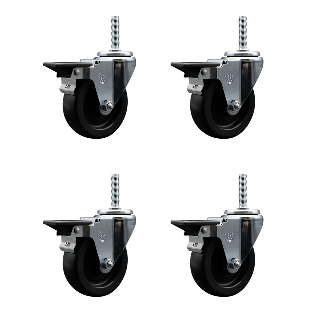 Polyolefin Swivel Threaded Stem Caster Wheels Set of 4 with 4 Inch Black Wheels and 5/8" Stems - Includes 4 with Posi Lock Brakes - 1400 lbs. Total Capacity - Service Caster Brand — photo 1