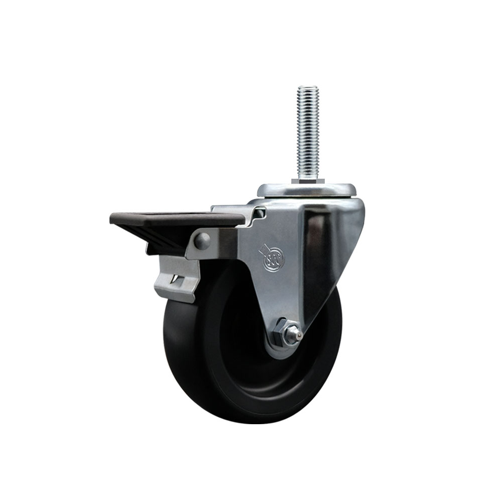 Polyolefin Swivel Threaded Stem Caster Wheel with 4 Inch Black Wheel and 5/8" Stem and Posi Lock Brake - 350 lbs. Capacity/Caster - Service Caster Brand — photo 1