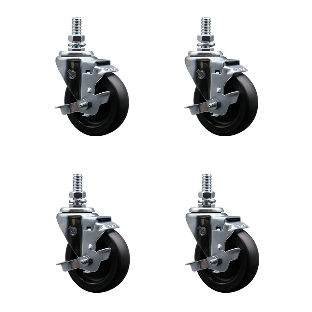 Polyolefin Swivel Threaded Stem Caster Wheels Set of 4 with 4 Inch Black Wheels and 12mm Stems - Includes 4 with Top Lock Brakes - 1400 lbs. Total Capacity - Service Caster Brand — photo 1