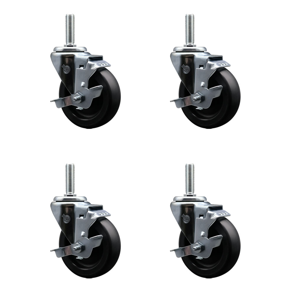 Polyolefin Swivel Threaded Stem Caster Wheels Set of 4 with 4 Inch Black Wheels and 3/4" Stems - Includes 4 with Top Lock Brakes - 1400 lbs. Total Capacity - Service Caster Brand — photo 1