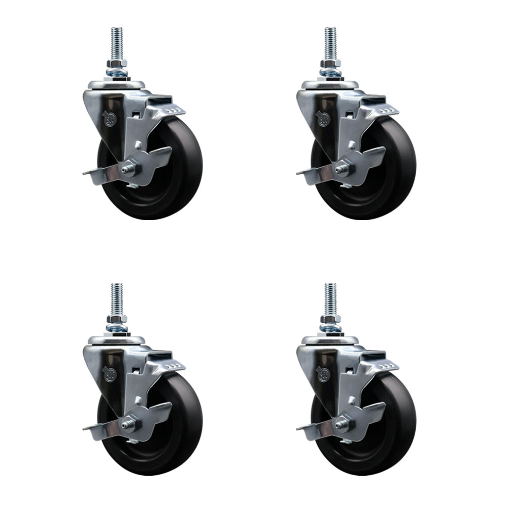 Polyolefin Swivel Threaded Stem Caster Wheels Set of 4 with 4 Inch Black Wheels and 3/8" Stems - Includes 4 with Top Lock Brakes - 1400 lbs. Total Capacity - Service Caster Brand — photo 1