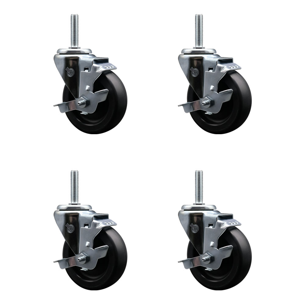 Polyolefin Swivel Threaded Stem Caster Wheels Set of 4 with 4 Inch Black Wheels and 5/8" Stems - Includes 4 with Top Lock Brakes - 1400 lbs. Total Capacity - Service Caster Brand — photo 1