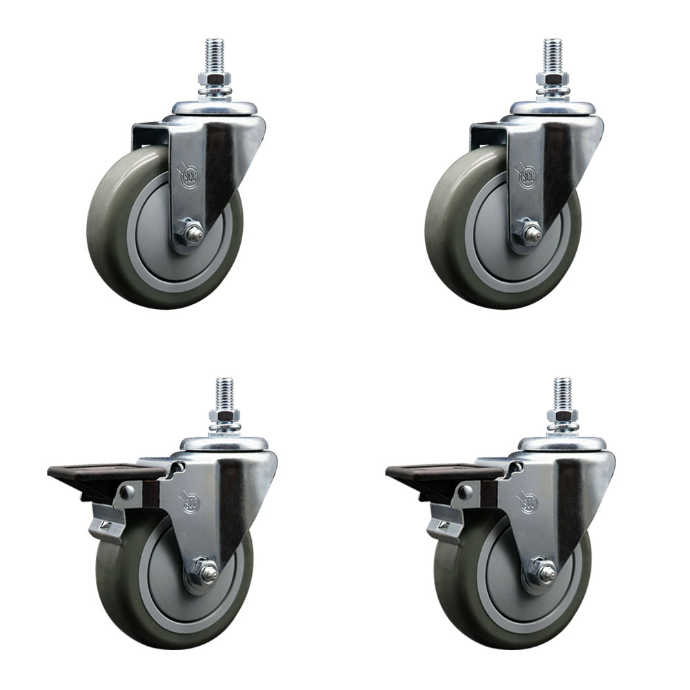 Polyurethane Swivel Threaded Stem Caster Set of 4 w/4" x 1.25" Gray Wheels and 1/2" Stems - Includes 2 with Posi Locking Brake - 1400 lbs Total Capacity - Service Caster Brand — photo 1