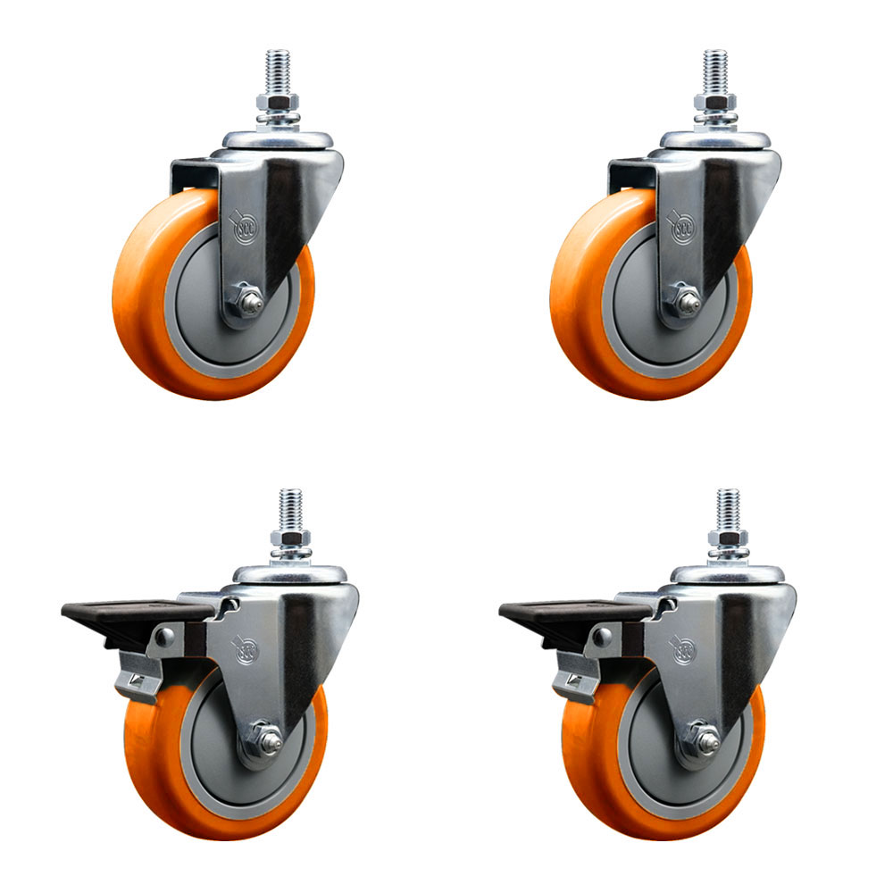 Polyurethane Swivel Threaded Stem Caster Set of 4 w/4" x 1.25" Orange Wheels and 1/2" Stems - Includes 2 with Posi Locking Brake - 1400 lbs Total Capacity - Service Caster Brand — photo 1