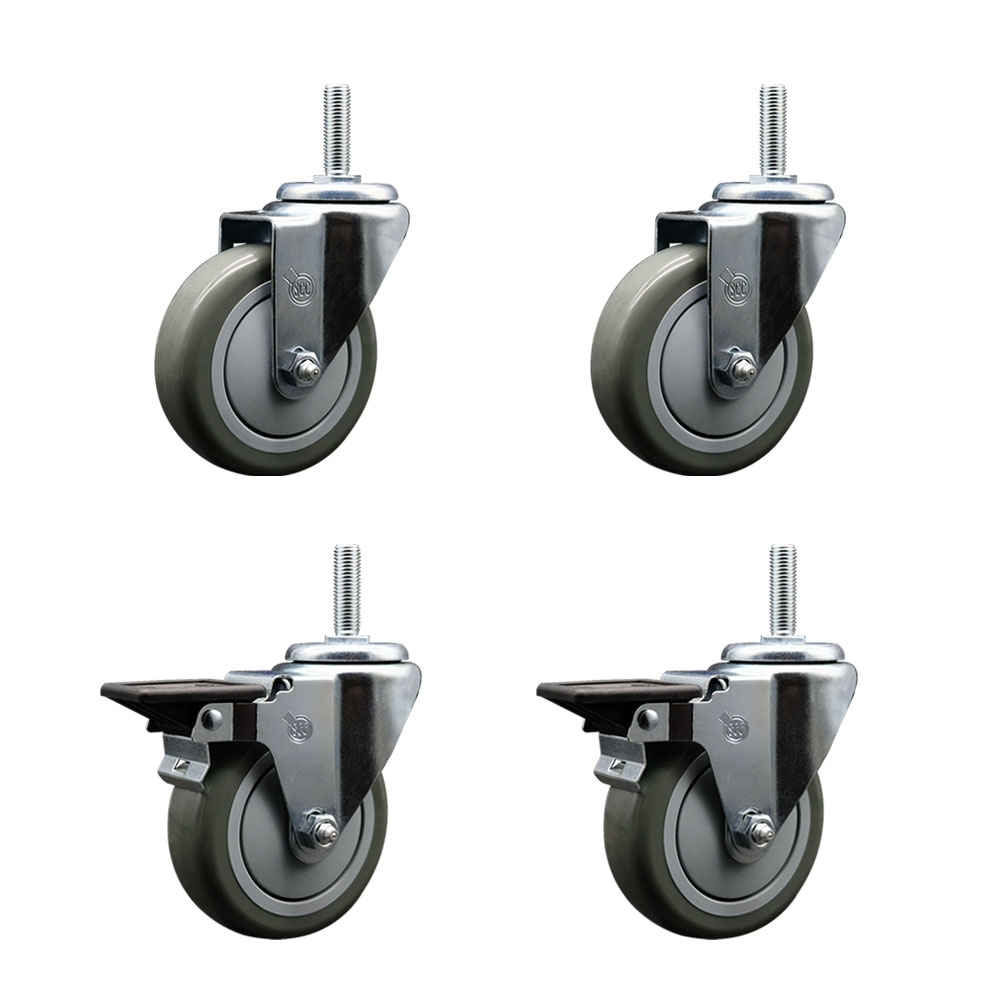 Polyurethane Swivel Threaded Stem Caster Set of 4 w/4" x 1.25" Gray Wheels and 3/4" Stems - Includes 2 with Posi Locking Brake - 1400 lbs Total Capacity - Service Caster Brand — photo 1