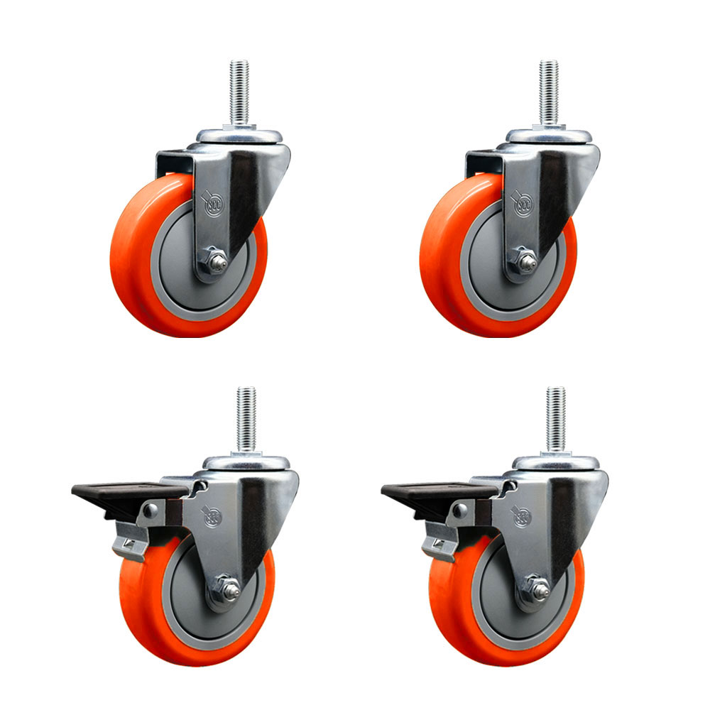 Polyurethane Swivel Threaded Stem Caster Set of 4 w/4" x 1.25" Orange Wheels and 3/4" Stems - Includes 2 with Posi Locking Brake - 1400 lbs Total Capacity - Service Caster Brand — photo 1