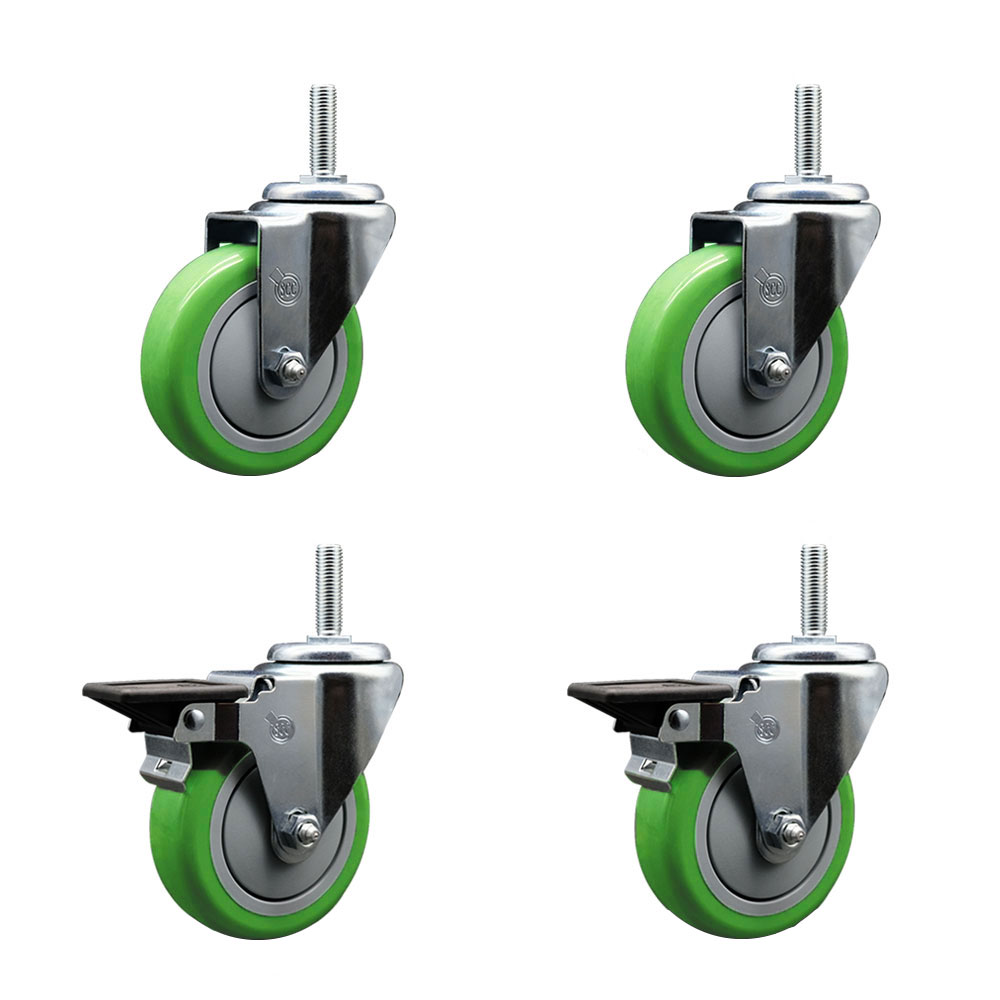 Polyurethane Swivel Threaded Stem Caster Set of 4 w/4" x 1.25" Green Wheels and 3/4" Stems - Includes 2 with Posi Locking Brake - 1400 lbs Total Capacity - Service Caster Brand — photo 1