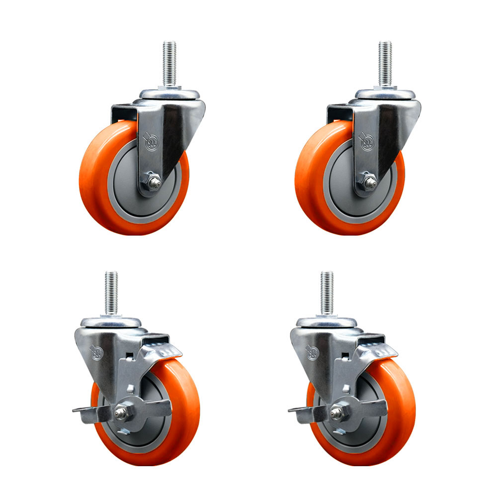 Polyurethane Swivel Threaded Stem Caster Set of 4 w/4" x 1.25" Orange Wheels and 5/8" Stems - Includes 2 with Top Locking Brake - 1400 lbs Total Capacity - Service Caster Brand — photo 1