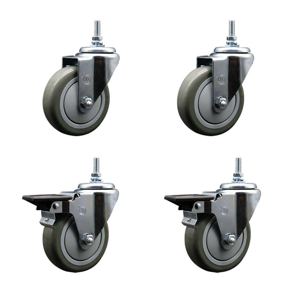 Polyurethane Swivel Threaded Stem Caster Set of 4 w/4" x 1.25" Gray Wheels and 3/8" Stems - Includes 2 with Posi Locking Brake - 1400 lbs Total Capacity - Service Caster Brand — photo 1