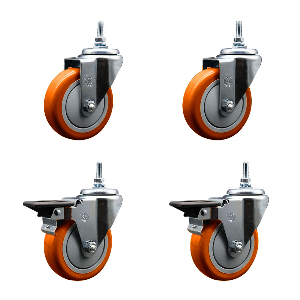 Polyurethane Swivel Threaded Stem Caster Set of 4 w/4" x 1.25" Orange Wheels and 3/8" Stems - Includes 2 with Posi Locking Brake - 1400 lbs Total Capacity - Service Caster Brand — photo 1