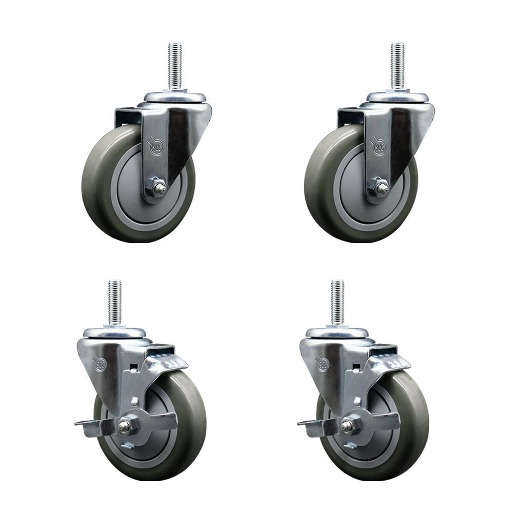 Polyurethane Swivel Threaded Stem Caster Set of 4 w/4" x 1.25" Gray Wheels and 5/8" Stems - Includes 2 with Top Locking Brake - 1400 lbs Total Capacity - Service Caster Brand — photo 1