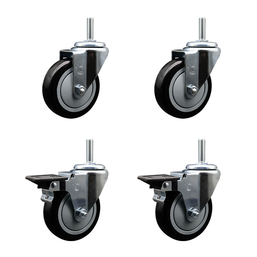 Polyurethane Swivel Threaded Stem Caster Set of 4 w/4" x 1.25" Black Wheels and 3/4" Stems - Includes 2 with Posi Locking Brake - 1400 lbs Total Capacity - Service Caster Brand — photo 1