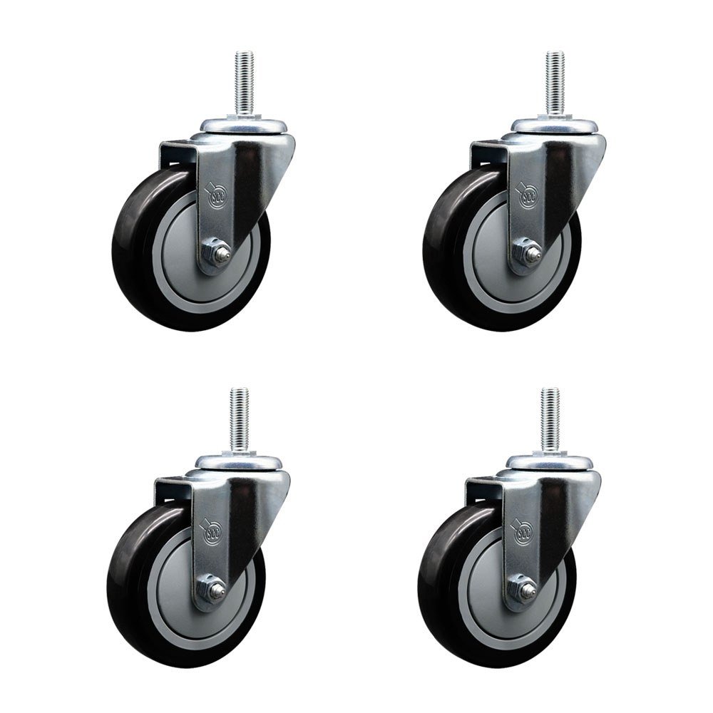 Polyurethane Swivel Threaded Stem Caster Set of 4 w/4" x 1.25" Black Wheels and 3/4" Stems - Includes 4 Swivel - 1400 lbs Total Capacity - Service Caster Brand — photo 1