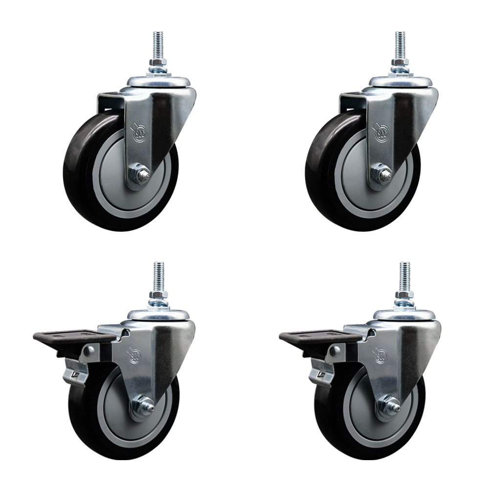 Polyurethane Swivel Threaded Stem Caster Set of 4 w/4" x 1.25" Black Wheels and 3/8" Stems - Includes 2 with Posi Locking Brake - 1400 lbs Total Capacity - Service Caster Brand — photo 1