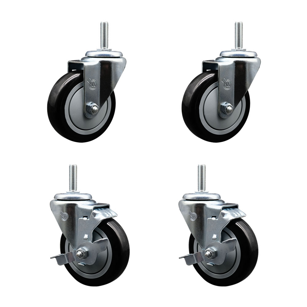 Polyurethane Swivel Threaded Stem Caster Set of 4 w/4" x 1.25" Black Wheels and 5/8" Stems - Includes 2 with Top Locking Brake - 1400 lbs Total Capacity - Service Caster Brand — photo 1