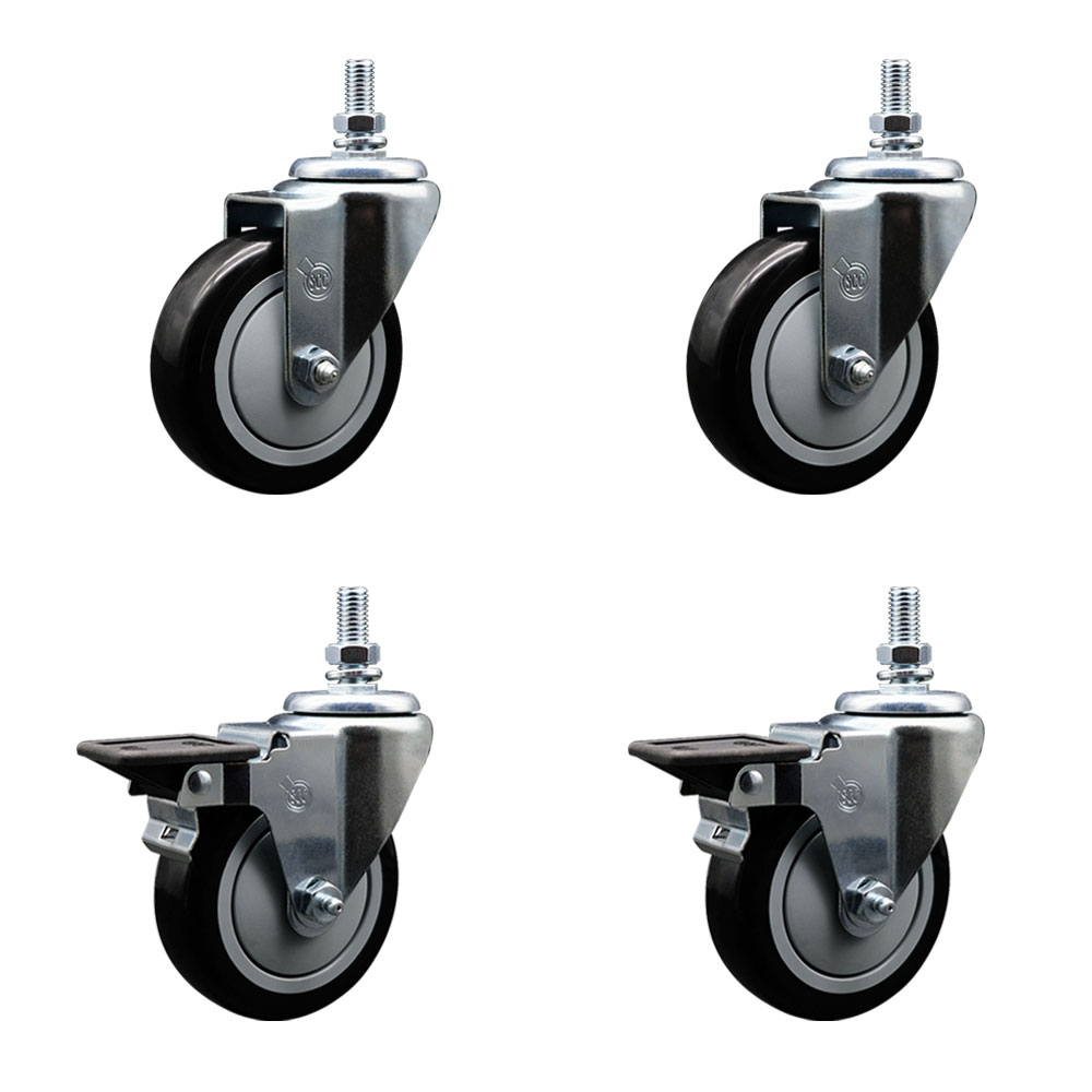 Polyurethane Swivel Threaded Stem Caster Set of 4 w/4" x 1.25" Black Wheels and 10MM Stems - Includes 2 with Posi Locking Brake - 1400 lbs Total Capacity - Service Caster Brand — photo 1