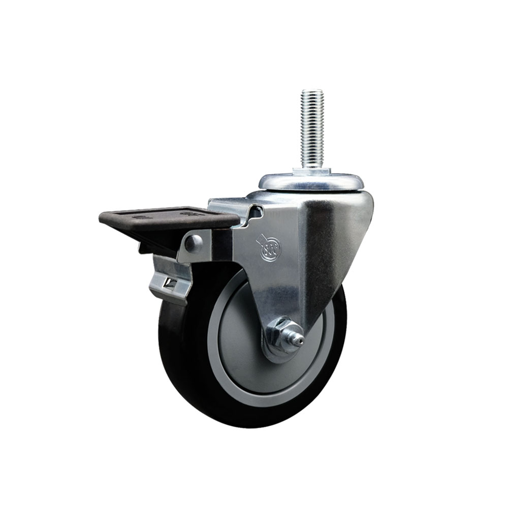 Polyurethane Swivel Threaded Stem Caster w/4" x 1.25" Black Wheel and 3/4" Stem & Posi Locking Brake - 350 lbs Capacity/Caster - Service Caster Brand — photo 1