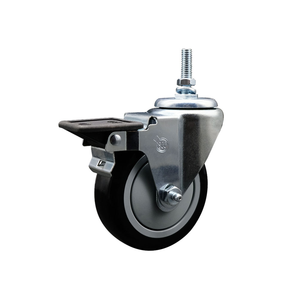 Polyurethane Swivel Threaded Stem Caster w/4" x 1.25" Black Wheel and 3/8" Stem & Posi Locking Brake - 350 lbs Capacity/Caster - Service Caster Brand — photo 1