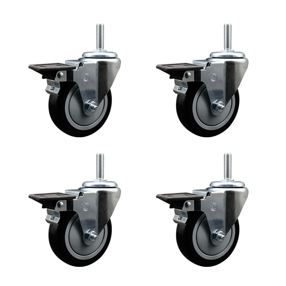Polyurethane Swivel Threaded Stem Caster Set of 4 w/4" x 1.25" Black Wheels and 5/8" Stems - Includes 4 with Posi Lock Brakes - 1400 lbs Total Capacity - Service Caster Brand — photo 1