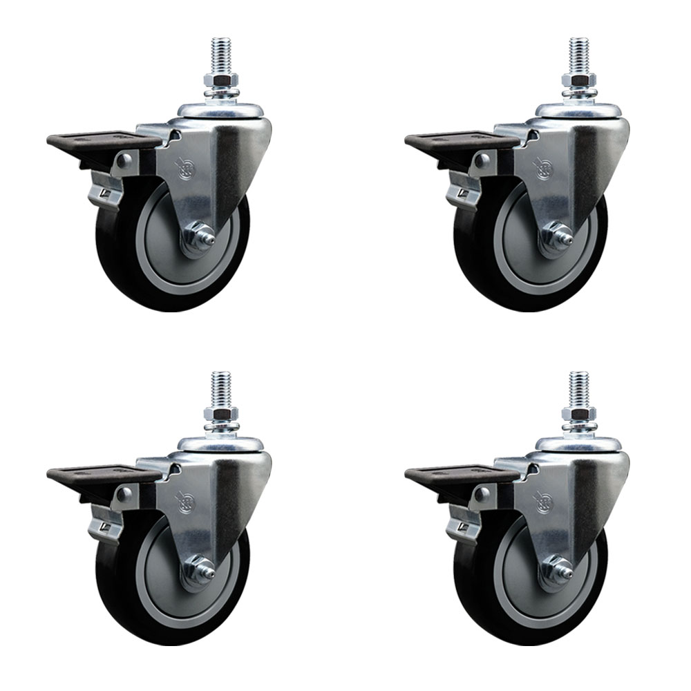 Polyurethane Swivel Threaded Stem Caster Set of 4 w/4" x 1.25" Black Wheels and 10MM Stems - Includes 4 with Posi Lock Brakes - 1400 lbs Total Capacity - Service Caster Brand — photo 1