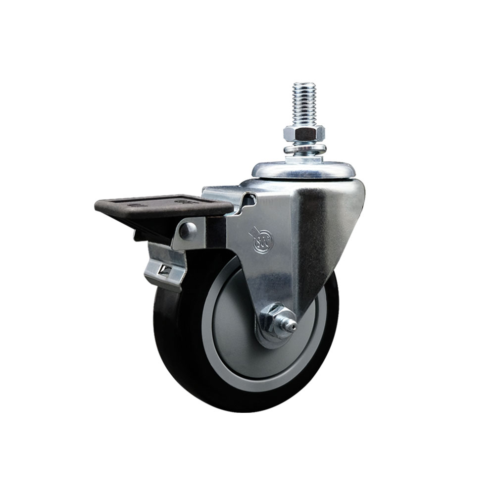 Polyurethane Swivel Threaded Stem Caster w/4" x 1.25" Black Wheel and 10MM Stem & Posi Locking Brake - 350 lbs Capacity/Caster - Service Caster Brand — photo 1