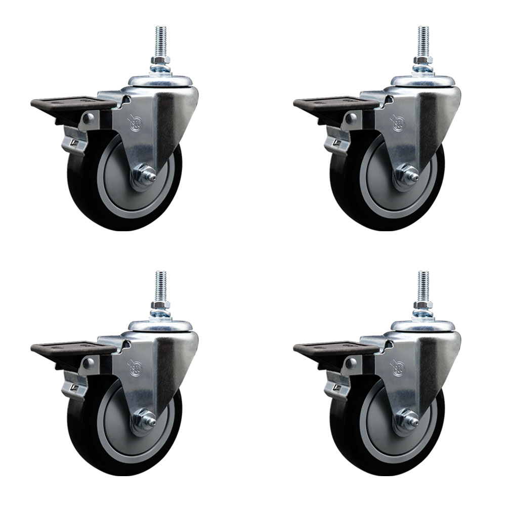 Polyurethane Swivel Threaded Stem Caster Set of 4 w/4" x 1.25" Black Wheels and 12MM Stems - Includes 4 with Posi Lock Brakes - 1,400 lbs Total Capacity - Service Caster Brand — photo 1