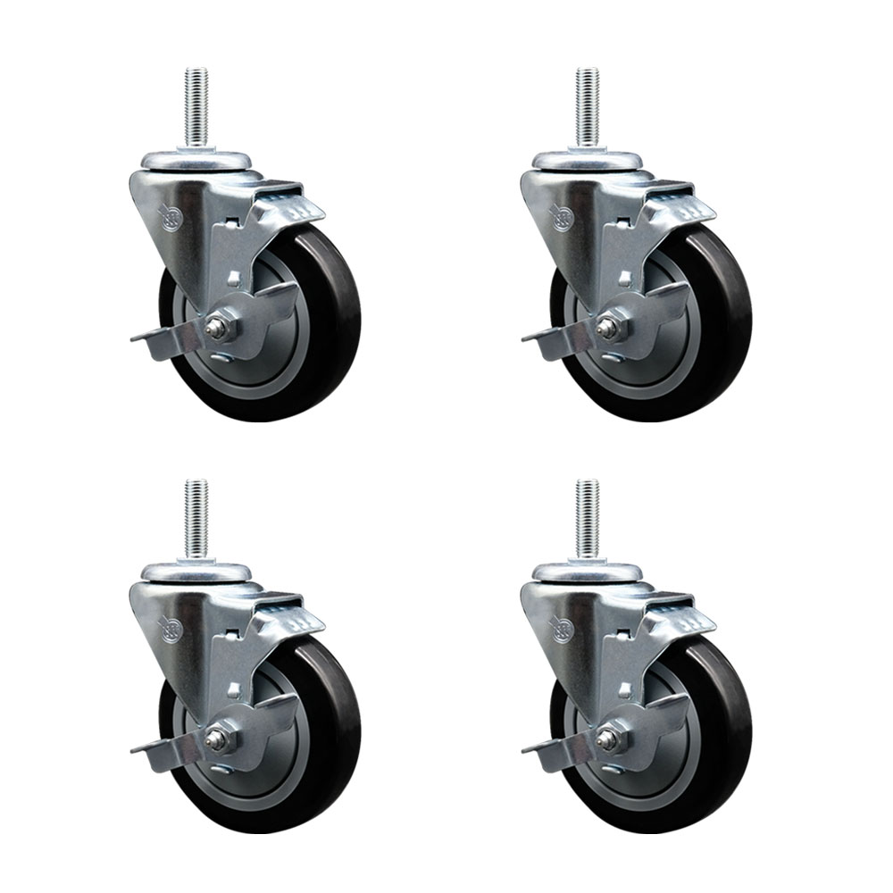Polyurethane Swivel Threaded Stem Caster Set of 4 w/4" x 1.25" Black Wheels and 5/8" Stems - Includes 4 with Top Lock Brakes - 1400 lbs Total Capacity - Service Caster Brand — photo 1