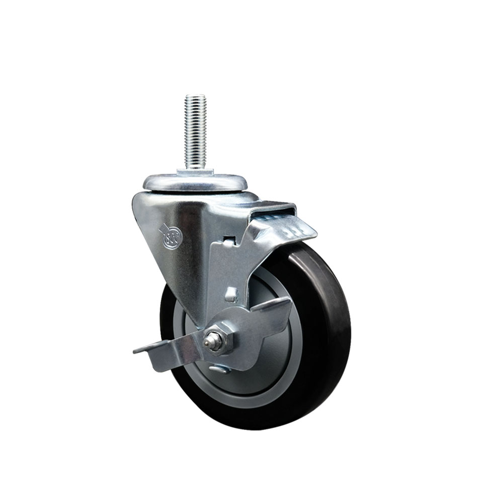 Polyurethane Swivel Threaded Stem Caster w/4" x 1.25" Black Wheel and 5/8" Stem & Top Locking Brake - 350 lbs Capacity/Caster - Service Caster Brand — photo 1