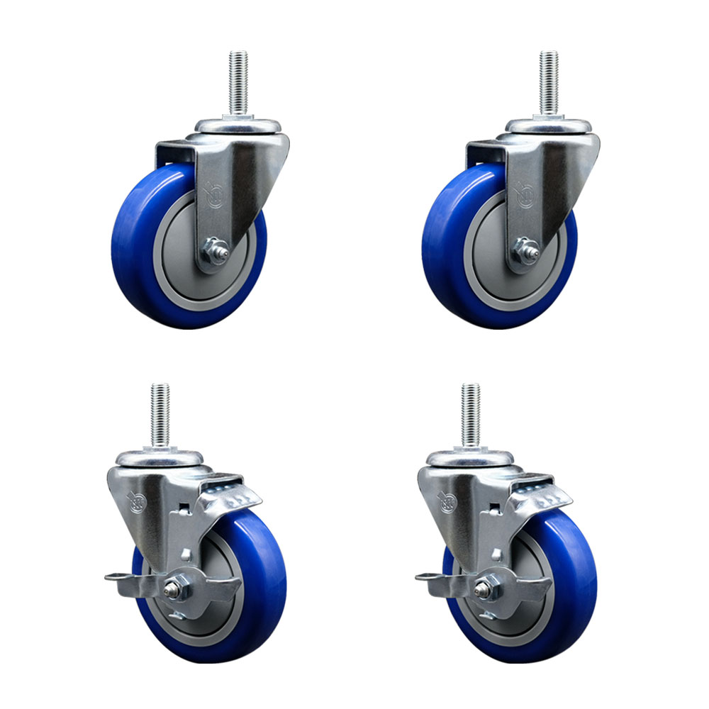 Polyurethane Swivel Threaded Stem Caster Set of 4 w/4" x 1.25" Blue Wheels and 3/4" Stems - Includes 2 with Top Locking Brake - 1400 lbs Total Capacity - Service Caster Brand — photo 1