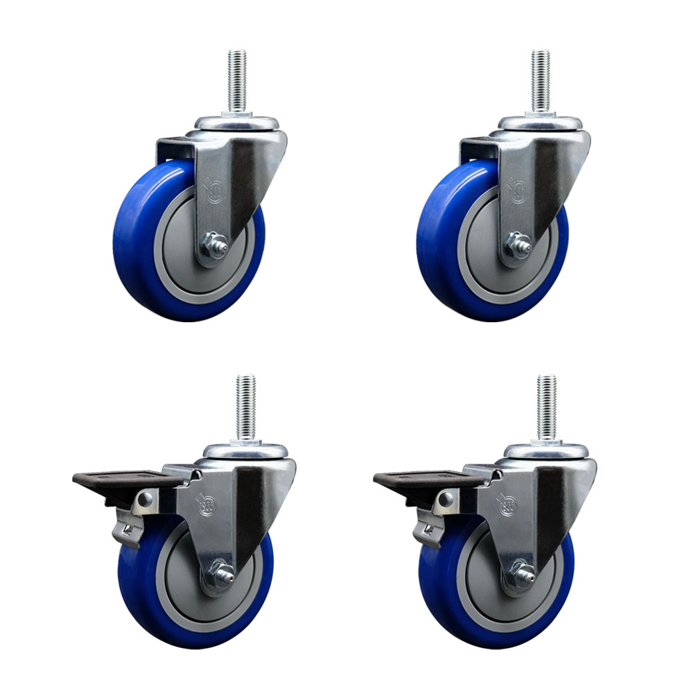 Polyurethane Swivel Threaded Stem Caster Set of 4 w/4" x 1.25" Blue Wheels and 3/4" Stems - Includes 2 with Posi Locking Brake - 1400 lbs Total Capacity - Service Caster Brand — photo 1