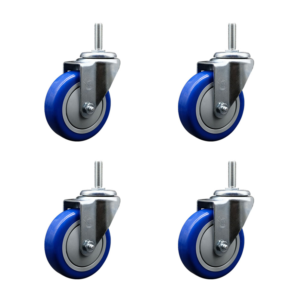 Polyurethane Swivel Threaded Stem Caster Set of 4 w/4" x 1.25" Blue Wheels and 5/8" Stems - Includes 4 Swivel - 1400 lbs Total Capacity - Service Caster Brand — photo 1