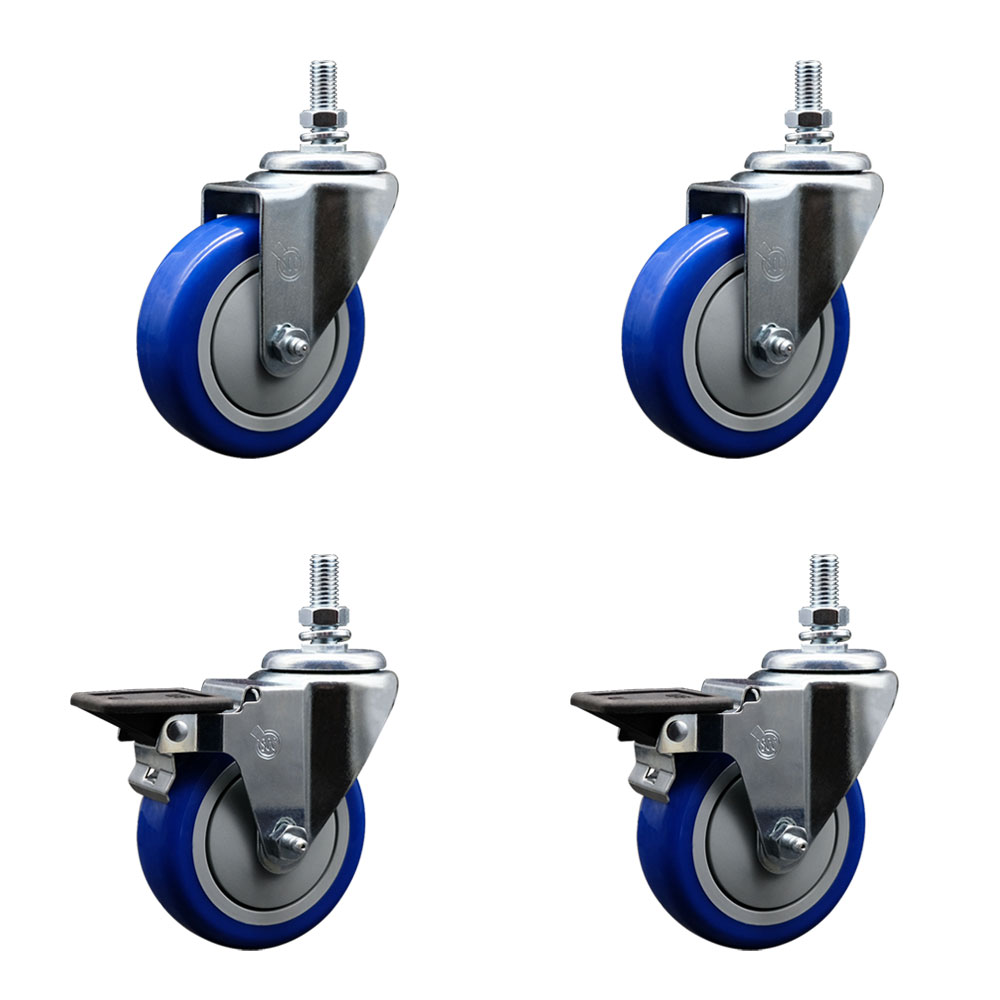 Polyurethane Swivel Threaded Stem Caster Set of 4 w/4" x 1.25" Blue Wheels and 10MM Stems - Includes 2 with Posi Locking Brake - 1400 lbs Total Capacity - Service Caster Brand — photo 1