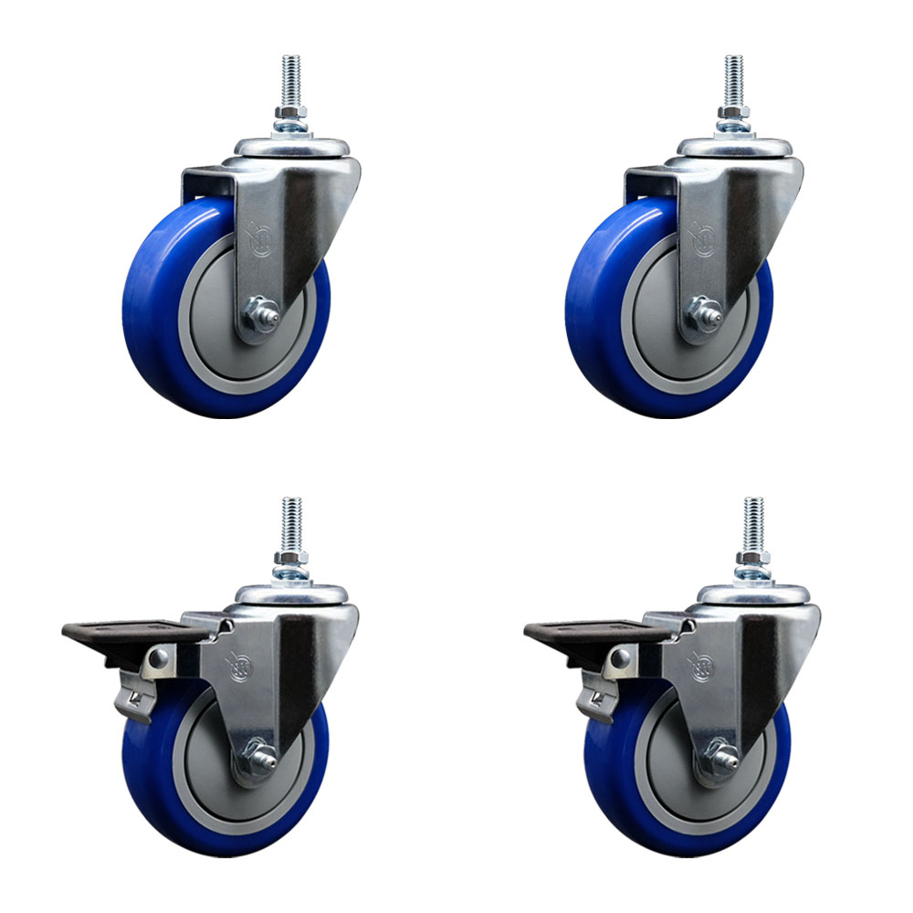 Polyurethane Swivel Threaded Stem Caster Set of 4 w/4" x 1.25" Blue Wheels and 12MM Stems - Includes 2 with Posi Locking Brake - 1,400 lbs Total Capacity - Service Caster Brand — photo 1