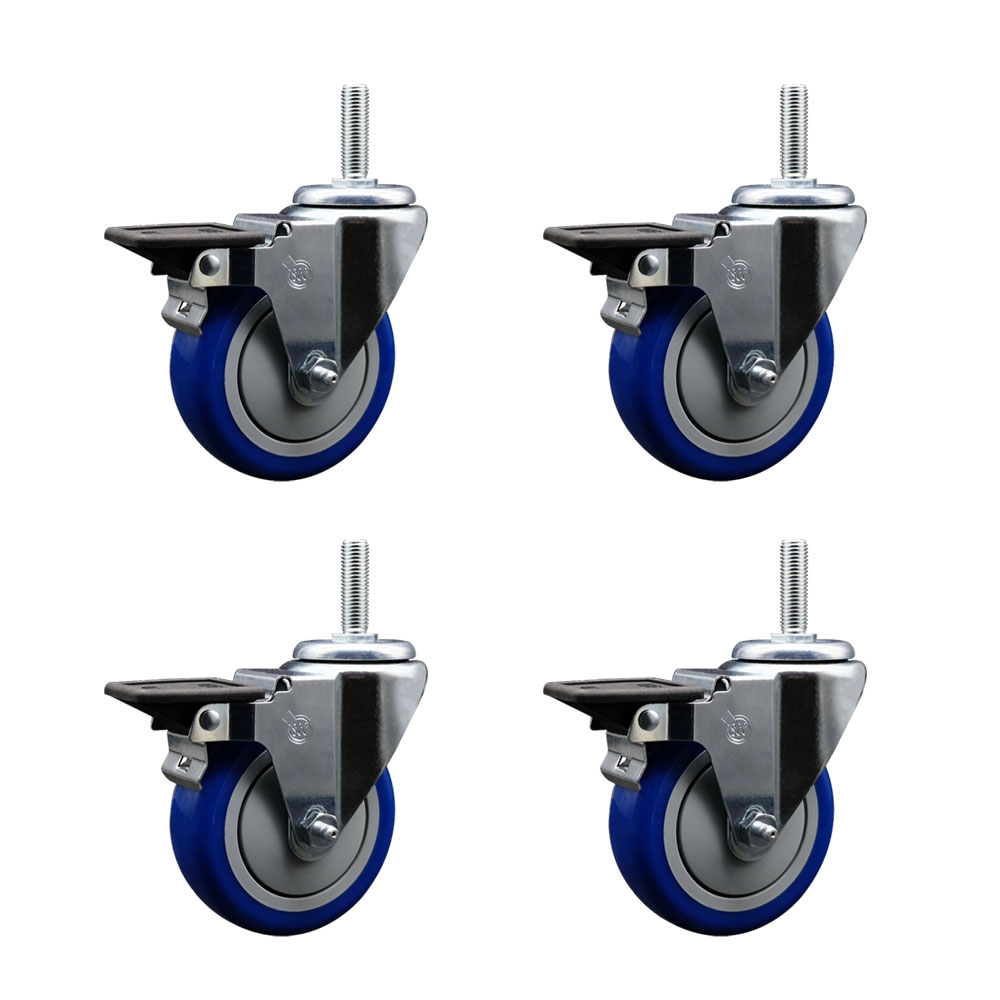 Polyurethane Swivel Threaded Stem Caster Set of 4 w/4" x 1.25" Blue Wheels and 3/4" Stems - Includes 4 with Posi Lock Brakes - 1400 lbs Total Capacity - Service Caster Brand — photo 1
