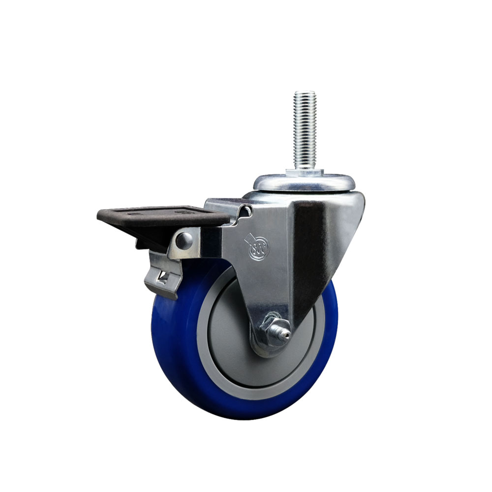 Polyurethane Swivel Threaded Stem Caster w/4" x 1.25" Blue Wheel and 5/8" Stem & Posi Locking Brake - 350 lbs Capacity/Caster - Service Caster Brand — photo 1