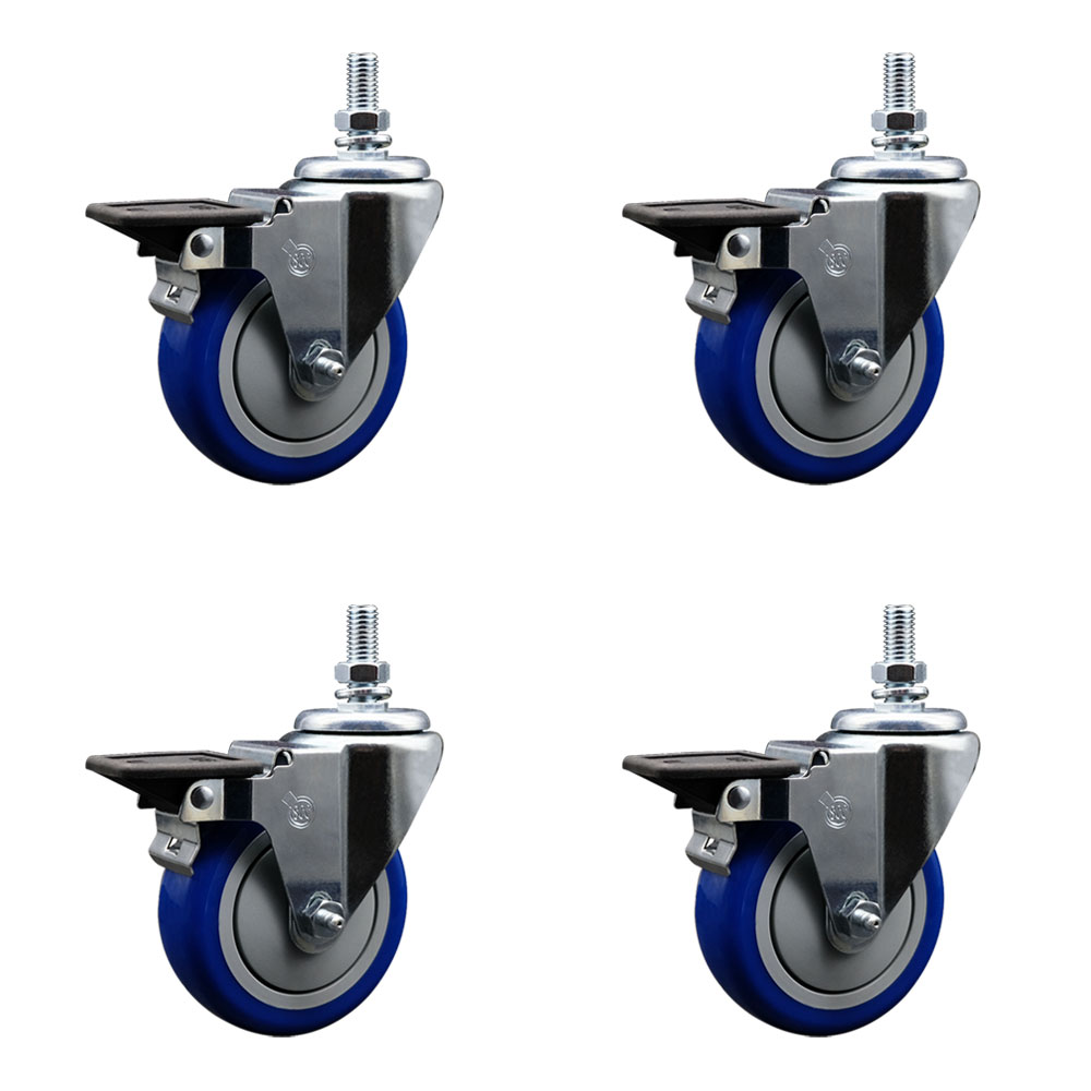 Polyurethane Swivel Threaded Stem Caster Set of 4 w/4" x 1.25" Blue Wheels and 10MM Stems - Includes 4 with Posi Lock Brakes - 1400 lbs Total Capacity - Service Caster Brand — photo 1
