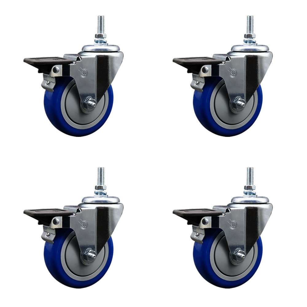 Polyurethane Swivel Threaded Stem Caster Set of 4 w/4" x 1.25" Blue Wheels and 12MM Stems - Includes 4 with Posi Lock Brakes - 1,400 lbs Total Capacity - Service Caster Brand — photo 1