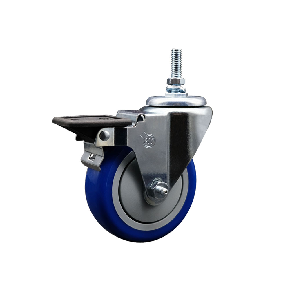 Polyurethane Swivel Threaded Stem Caster w/4" x 1.25" Blue Wheel and 12MM Stem & Posi Locking Brake - 350 lbs Capacity/Caster - Service Caster Brand — photo 1