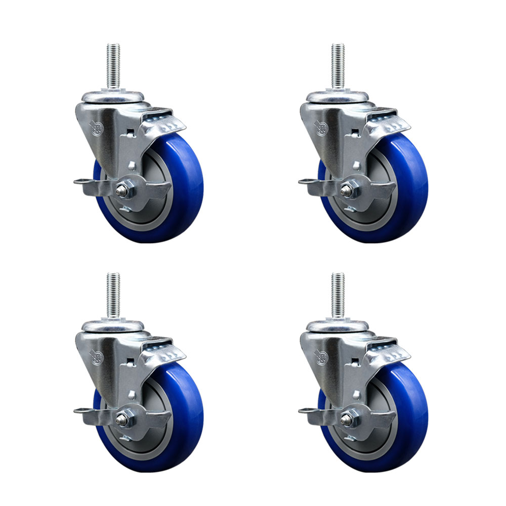 Polyurethane Swivel Threaded Stem Caster Set of 4 w/4" x 1.25" Blue Wheels and 5/8" Stems - Includes 4 with Top Lock Brakes - 1400 lbs Total Capacity - Service Caster Brand — photo 1