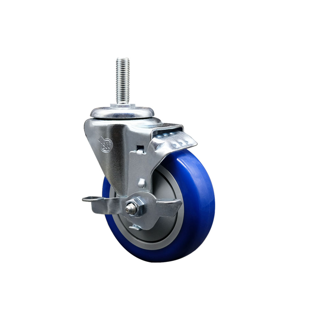 Polyurethane Swivel Threaded Stem Caster w/4" x 1.25" Blue Wheel and 5/8" Stem & Top Locking Brake - 350 lbs Capacity/Caster - Service Caster Brand — photo 1