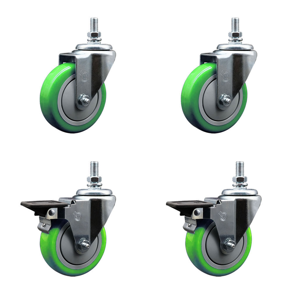 Polyurethane Swivel Threaded Stem Caster Set of 4 w/4" x 1.25" Green Wheels and 1/2" Stems - Includes 2 with Posi Locking Brake - 1400 lbs Total Capacity - Service Caster Brand — photo 1