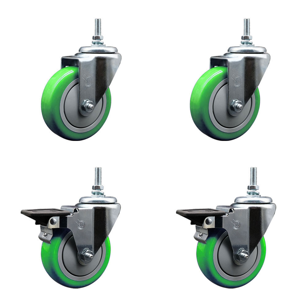 Polyurethane Swivel Threaded Stem Caster Set of 4 w/4" x 1.25" Green Wheels and 3/8" Stems - Includes 2 with Posi Locking Brake - 1400 lbs Total Capacity - Service Caster Brand — photo 1