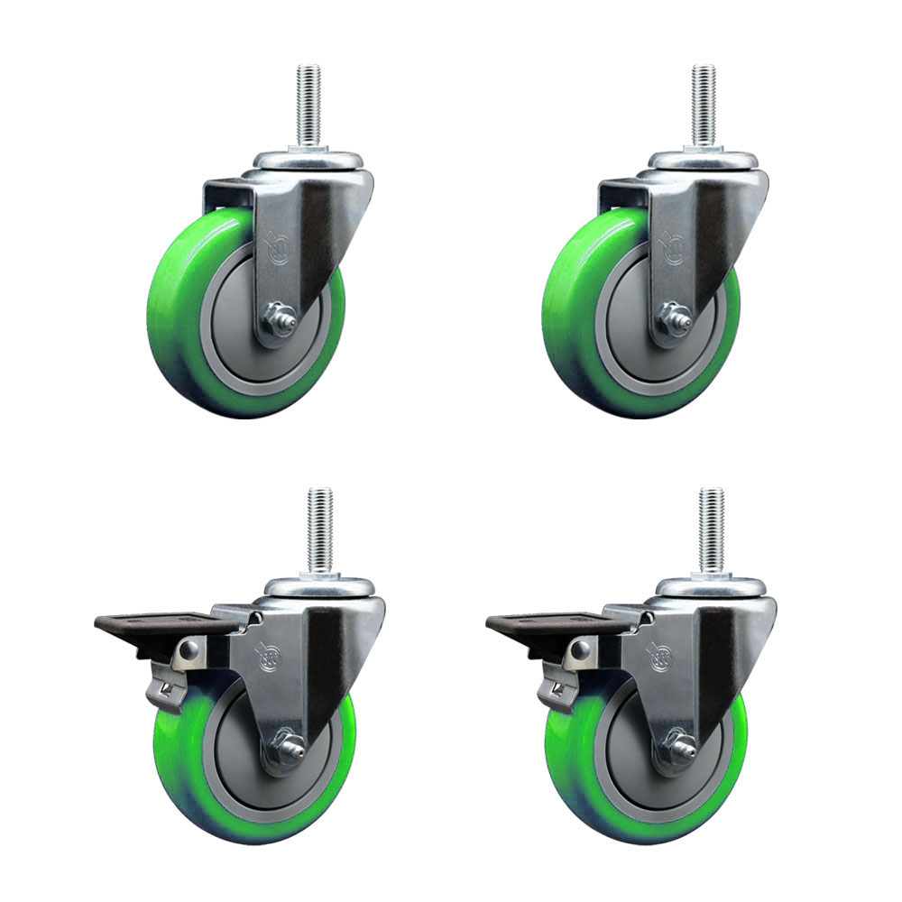 Polyurethane Swivel Threaded Stem Caster Set of 4 w/4" x 1.25" Green Wheels and 5/8" Stems - Includes 2 with Posi Locking Brake - 1400 lbs Total Capacity - Service Caster Brand — photo 1