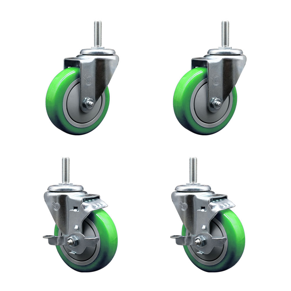 Polyurethane Swivel Threaded Stem Caster Set of 4 w/4" x 1.25" Green Wheels and 5/8" Stems - Includes 2 with Top Locking Brake - 1400 lbs Total Capacity - Service Caster Brand — photo 1