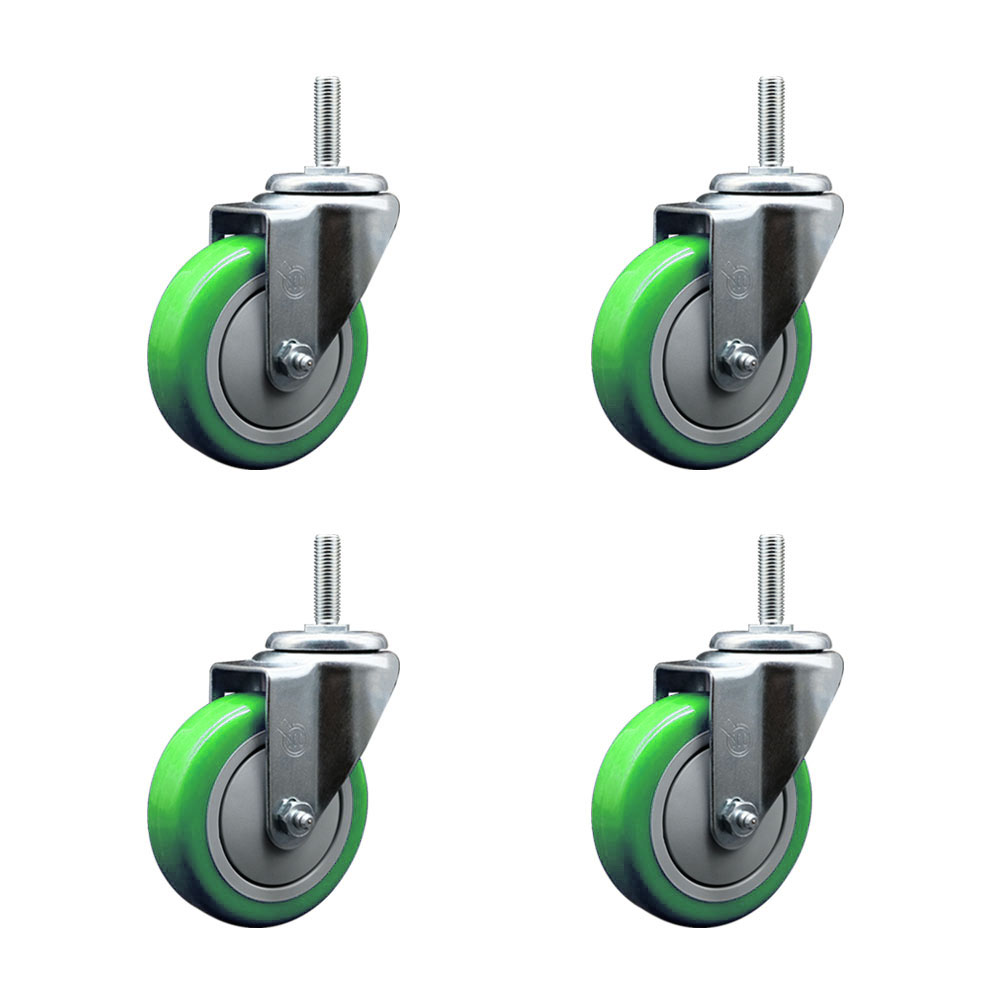 Polyurethane Swivel Threaded Stem Caster Set of 4 w/4" x 1.25" Green Wheels and 5/8" Stems - Includes 4 Swivel - 1400 lbs Total Capacity - Service Caster Brand — photo 1